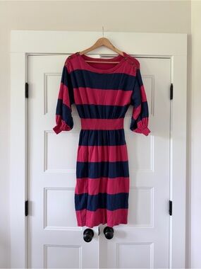 READ Free People Red and Navy Striped Midi Sweater Dress faux Button detail S